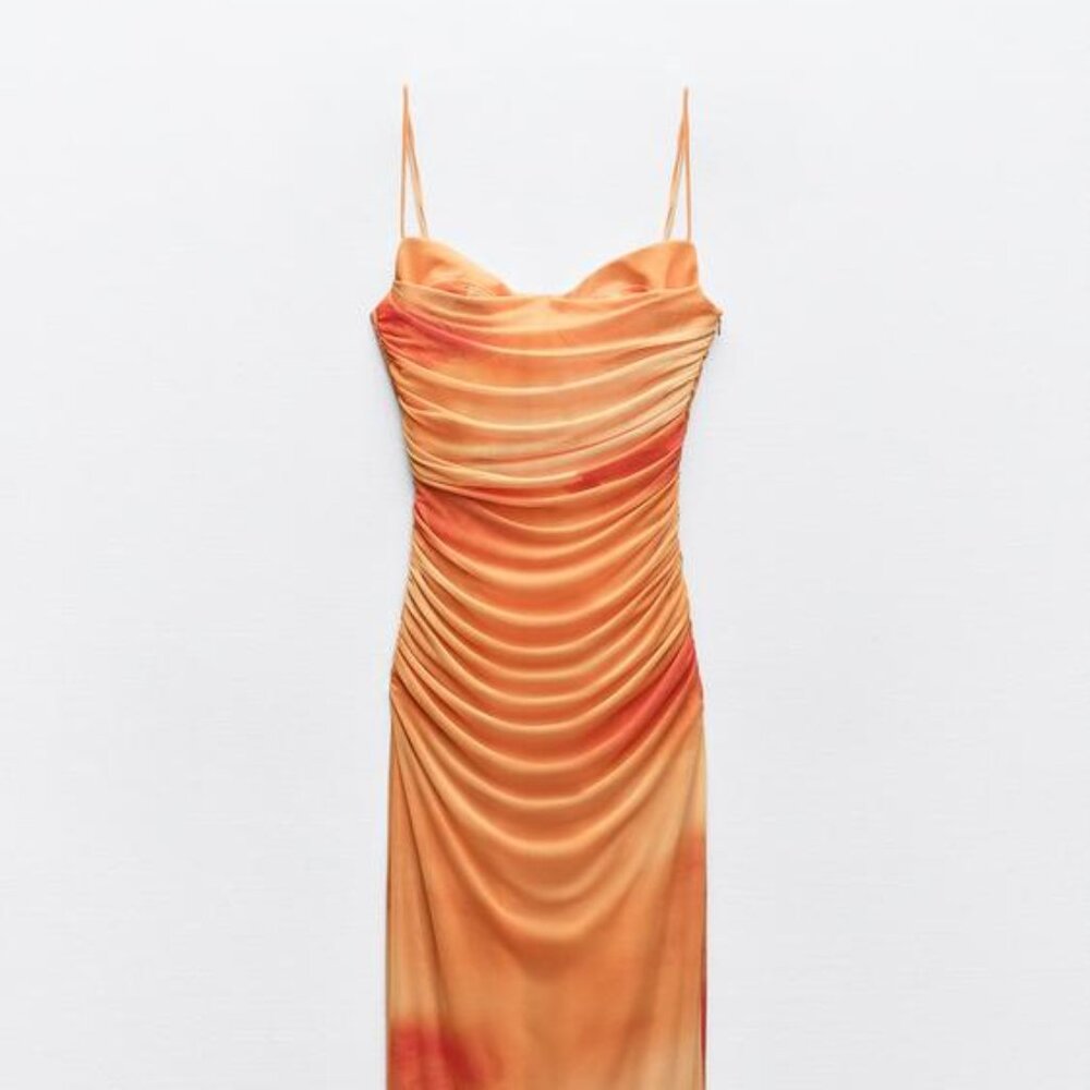 Zara Orange Printed Draped Tulle Underwired Dress Size M 3081/004